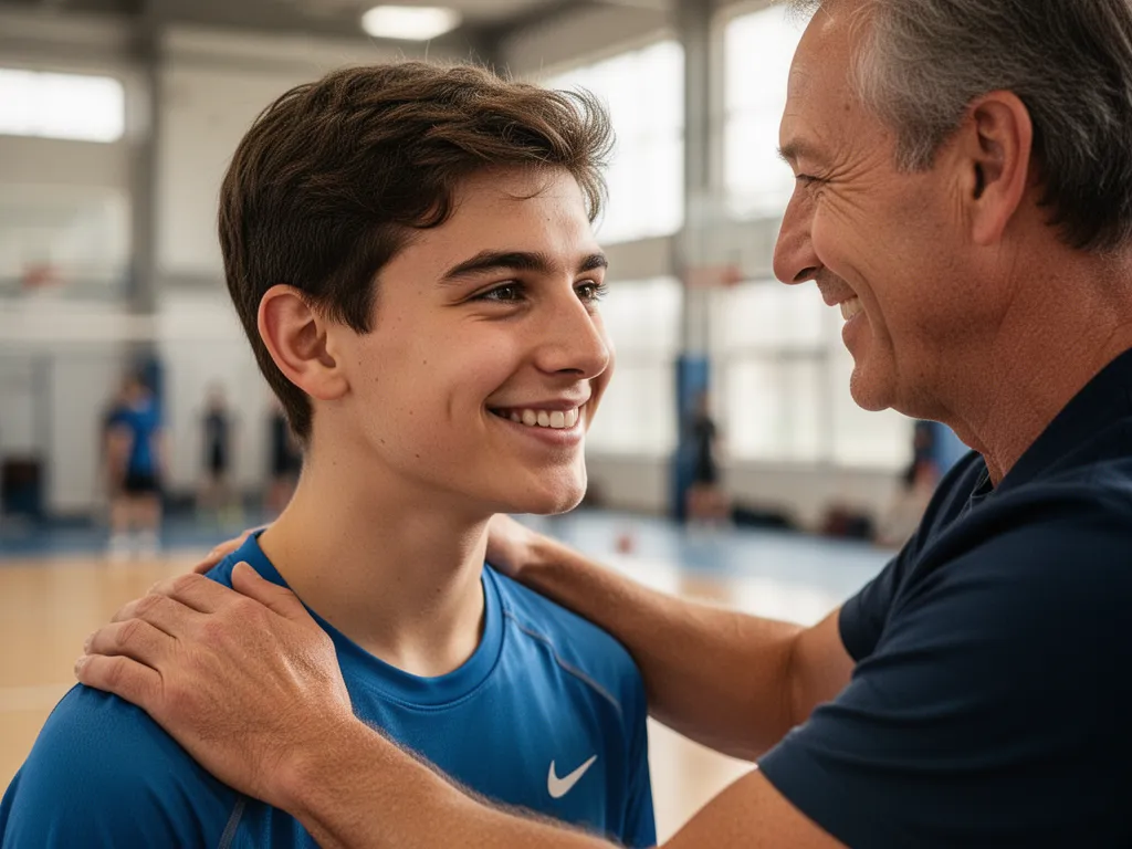 Coach mentoring young athlete with supportive gesture and genuine emotional connection moment