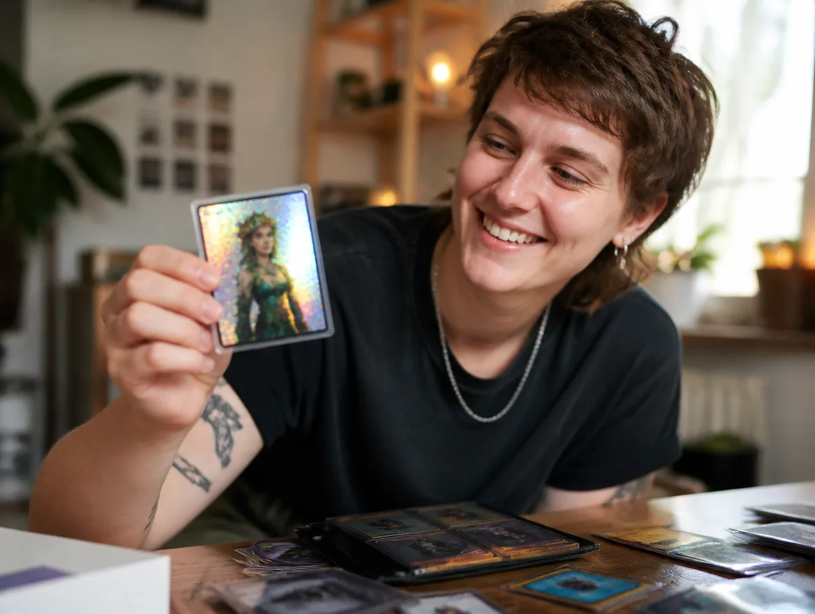 Person holding a freshly designed custom trading card