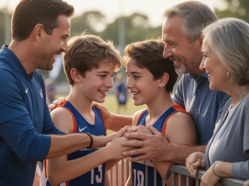 Coach and parent supporting young athlete during emotional moment of encouragement and celebration