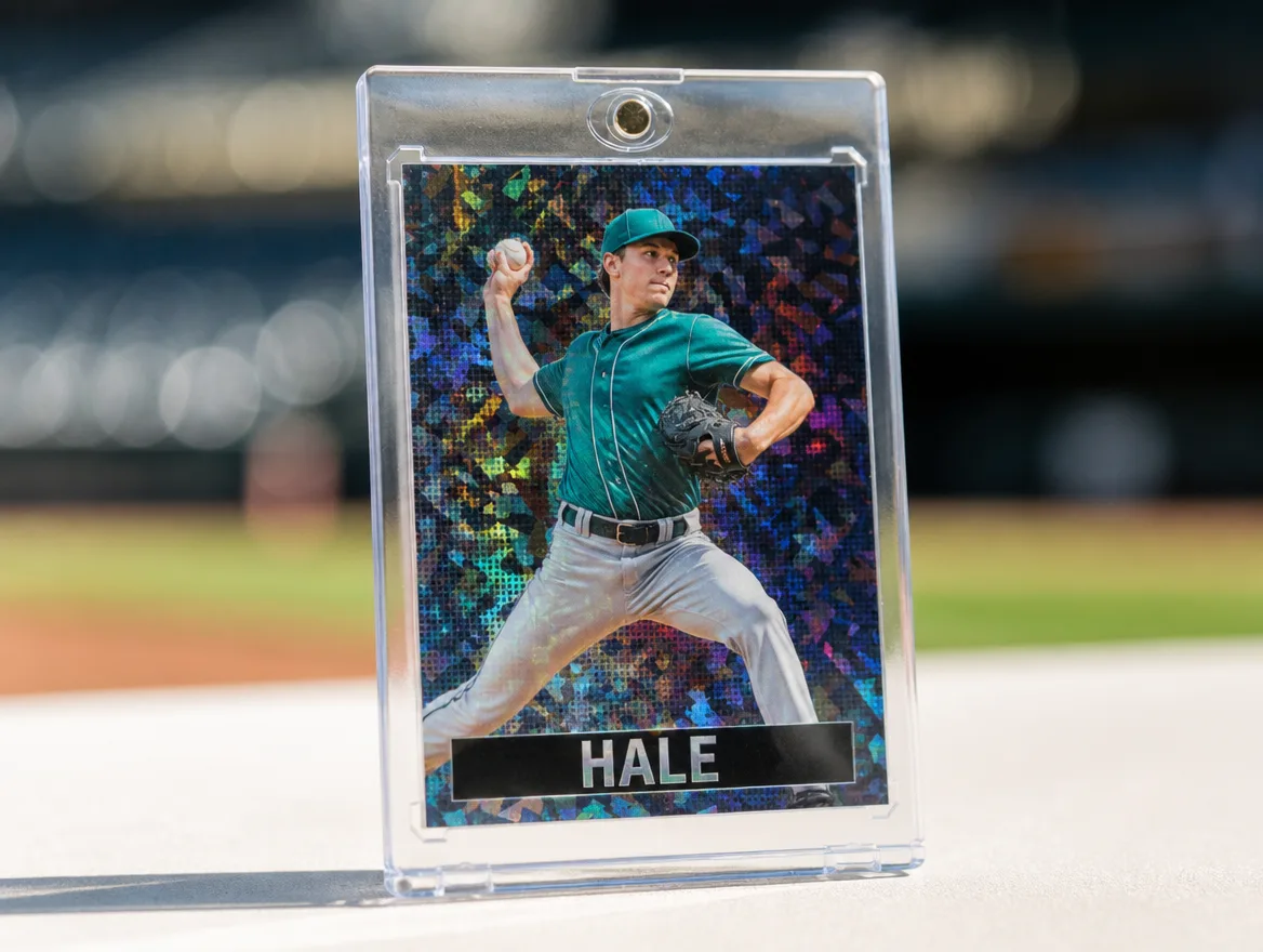 Custom trading card displayed upright in a premium magnetic case
