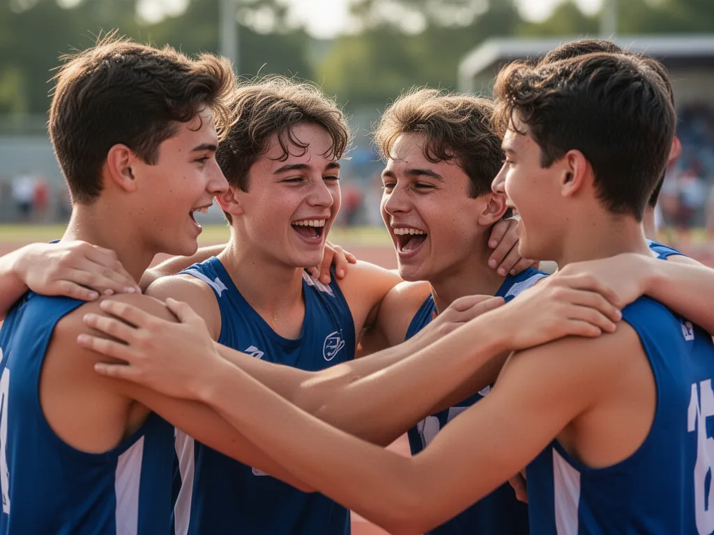[Young athletes embracing and celebrating together after competitive sports event]