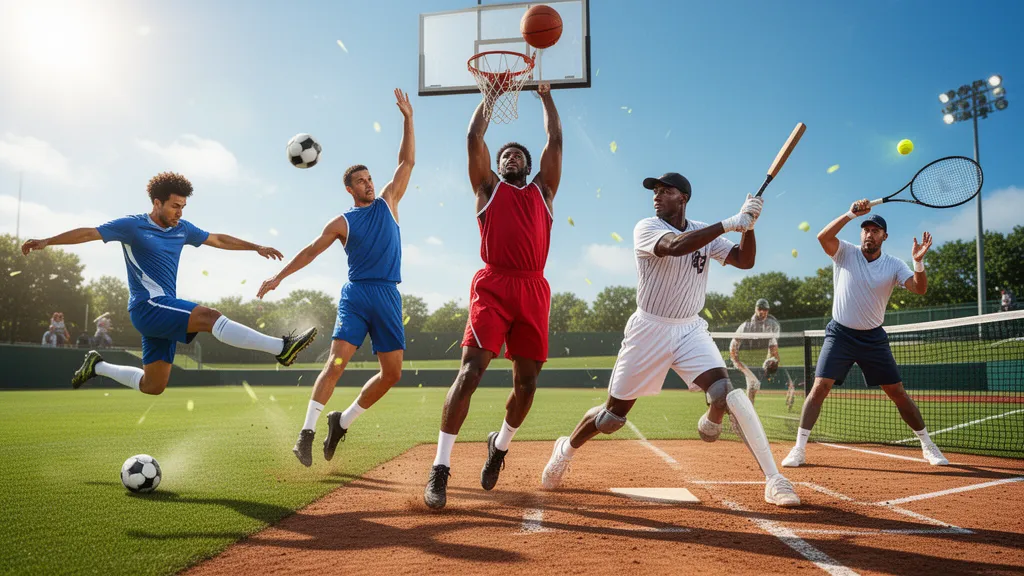 Multiple athletes from different sports competing simultaneously with dynamic motion and natural outdoor lighting.