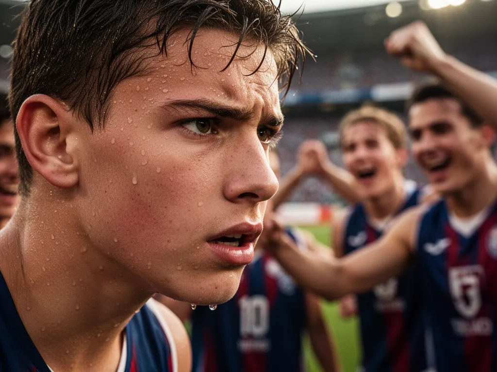 Young athlete's determined face during competition with supportive teammates celebrating in the blurred background.