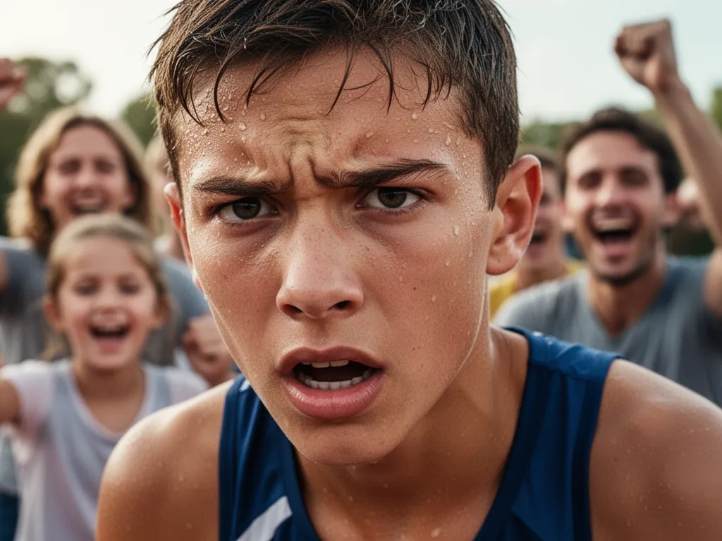Young athlete's focused expression during competition with supportive family members visible celebrating in background