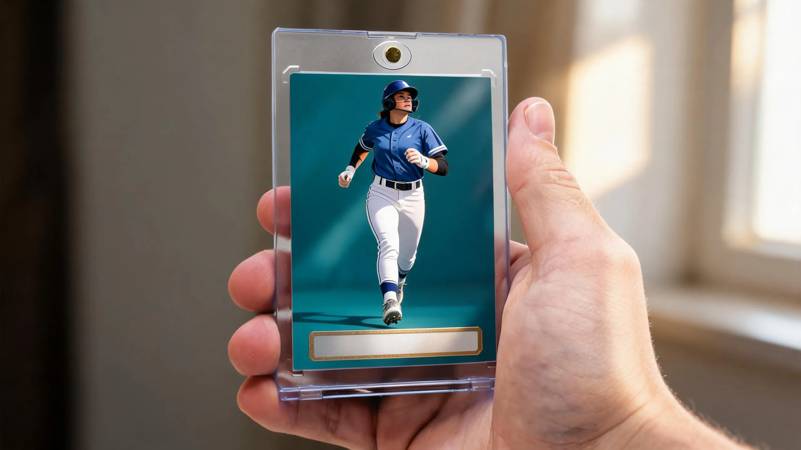 Hand holding magnetic case with custom portrait card, showcasing trading cards companies craftsmanship.