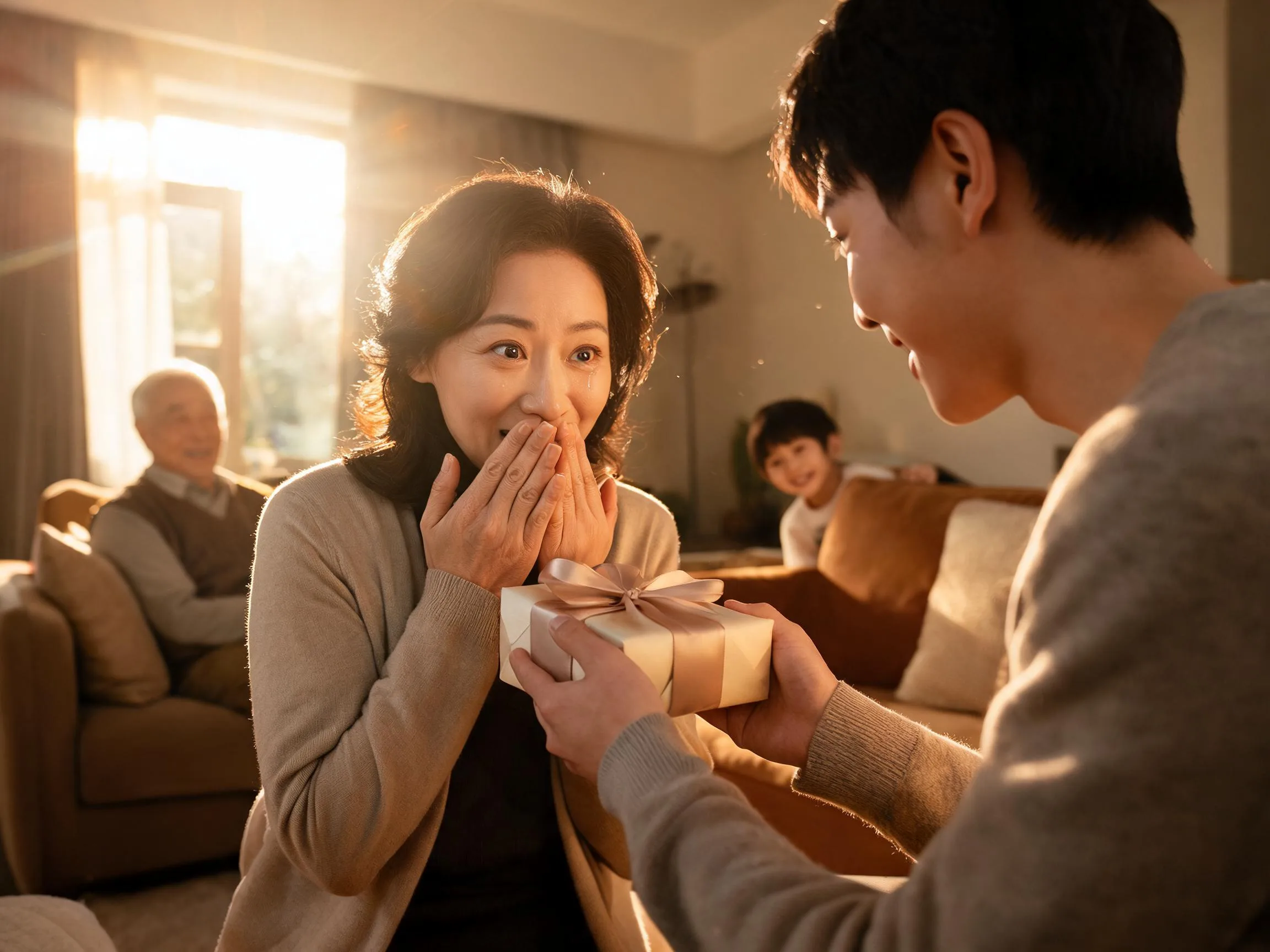 Person reacting with joyful surprise while receiving an unexpected gift indoors.