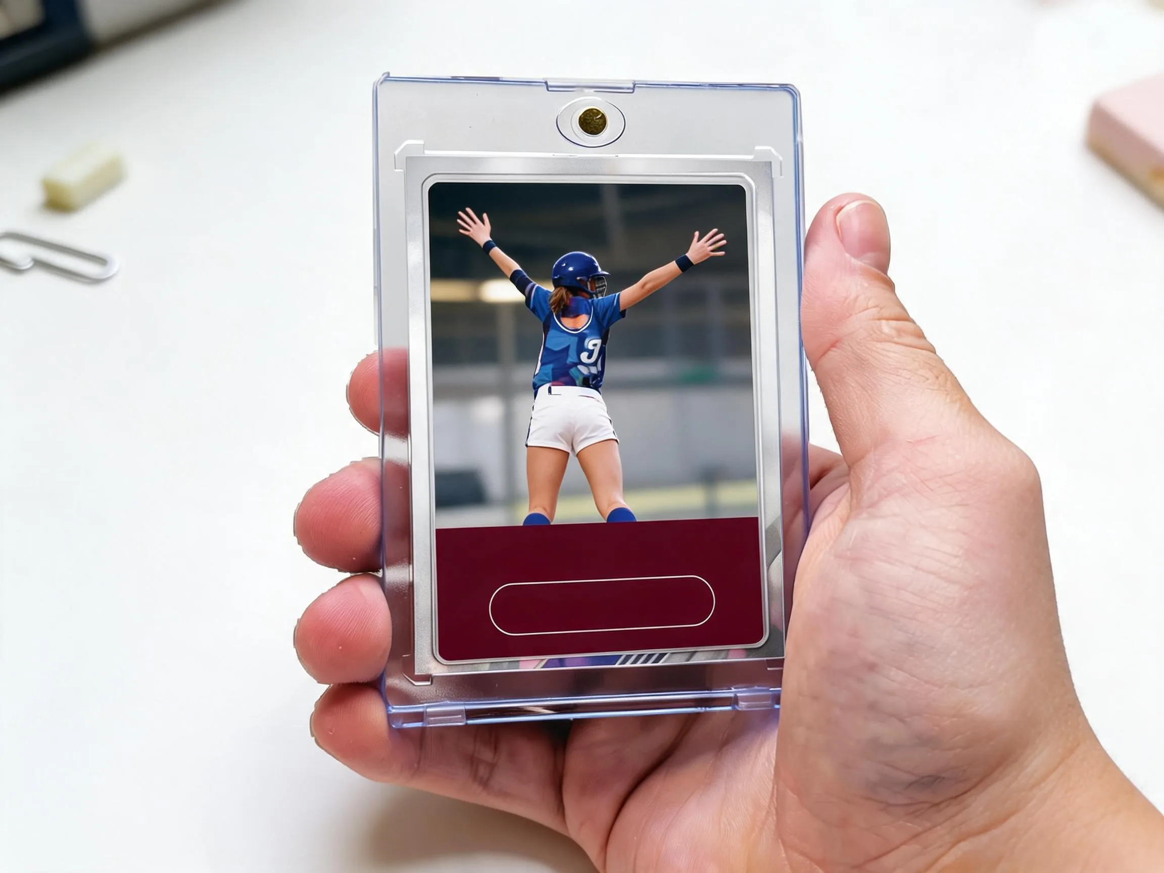 Custom keepsake trading card in magnetic case with action-photo layout and burgundy footer.