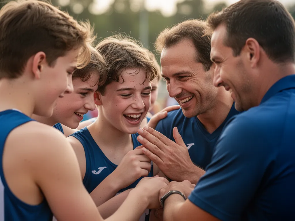 Young athletes and coach celebrating together showing genuine emotion and team connection outdoors