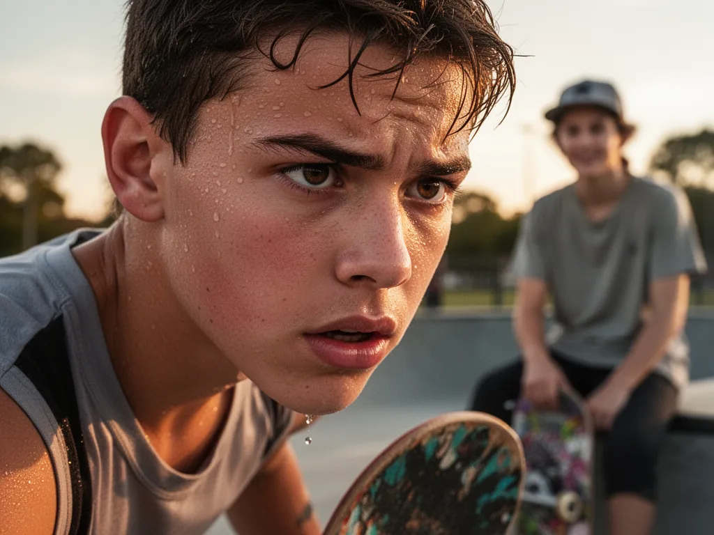 [Young skateboarder's concentrated expression mid-trick with supportive family member visible blurred in background]
