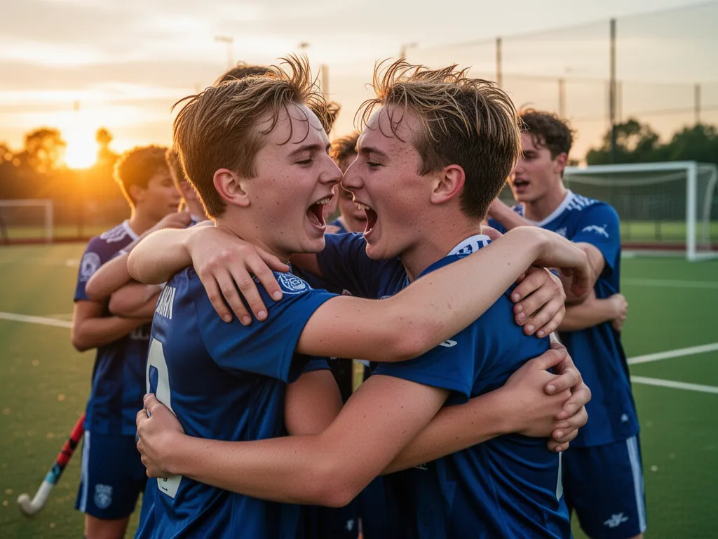 Young field hockey players embracing in celebration after scoring goal during match