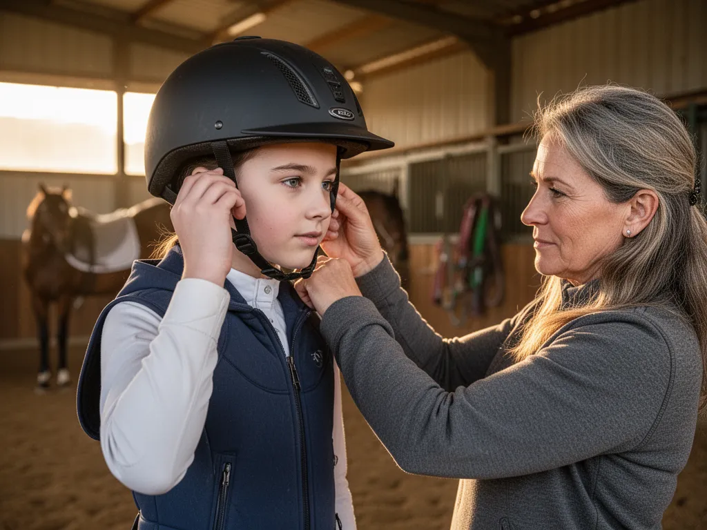 Young rider getting helmet adjusted by parent before equestrian event with supportive family moment