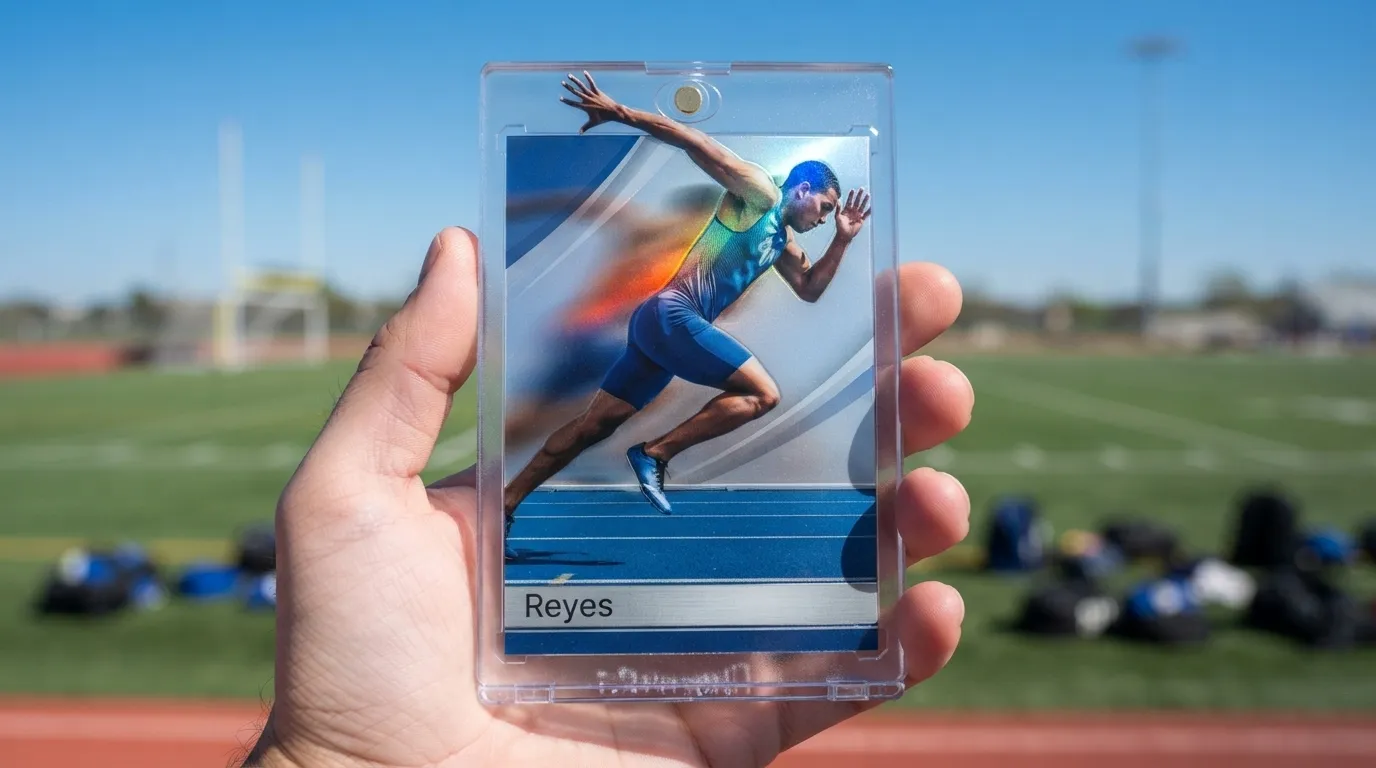 Hand holding magnetic case with trading cards generator card of sprinter breaking the top edge.