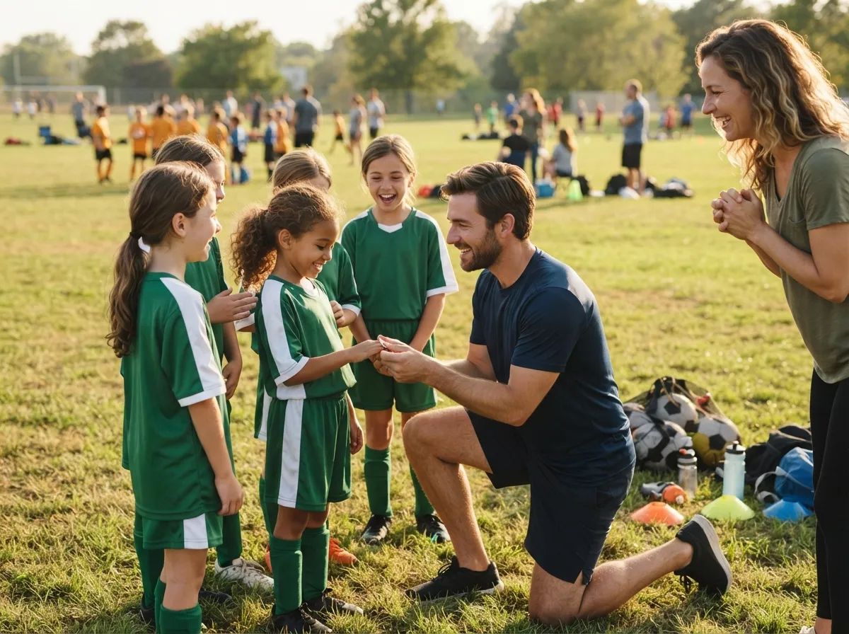 Coach and young athlete share a proud, emotional moment on a sunny sports field.