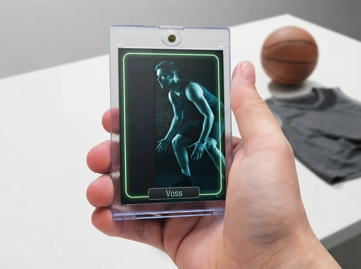 Custom sports trading card in magnetic case showing rim-lit basketball player on black background.
