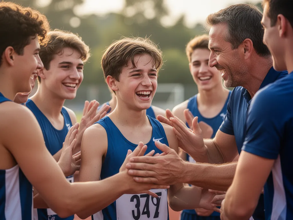 Young athlete celebrating with coach and teammates showing genuine emotion and team support