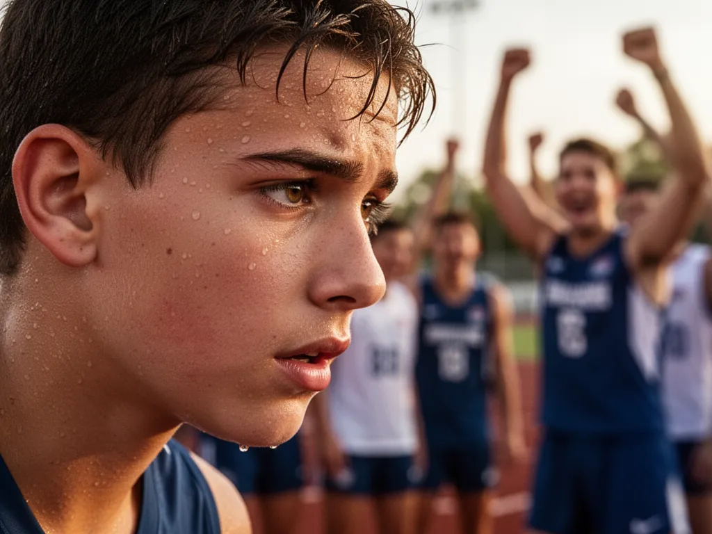 Young athlete's determined expression during competition with celebrating teammates visible in soft focus background