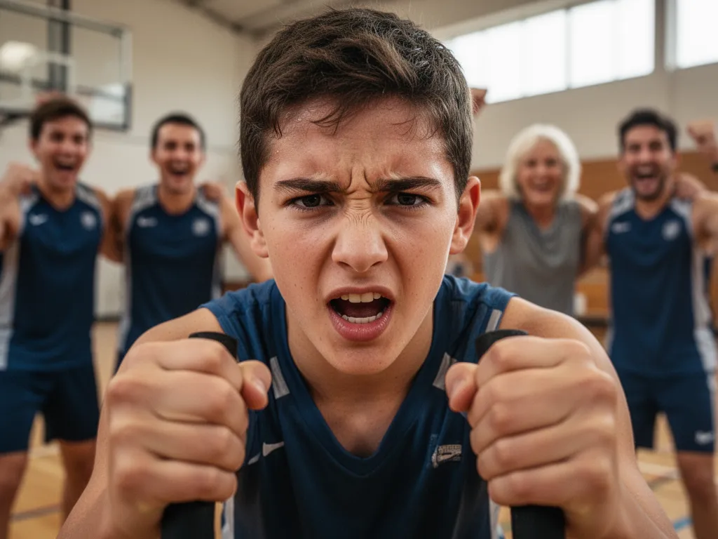 Young athlete's concentrated expression with supportive family and teammates celebrating in soft focus background
