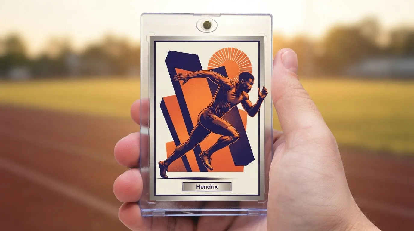 Hand holding magnetic case with duotone trading cards printer sample card of sprinter mid-stride.