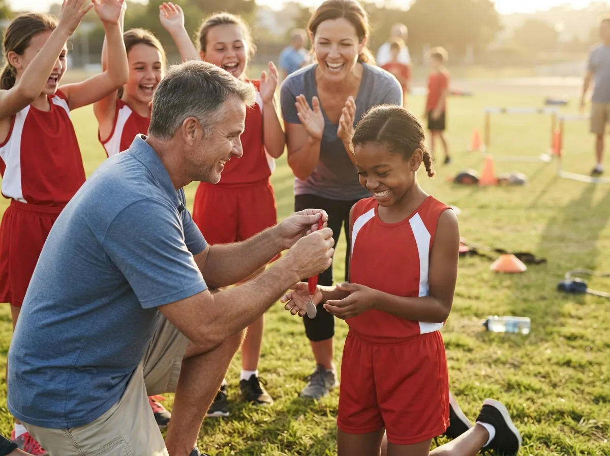 Coach and proud parents celebrate with young athlete on sunny sports field.