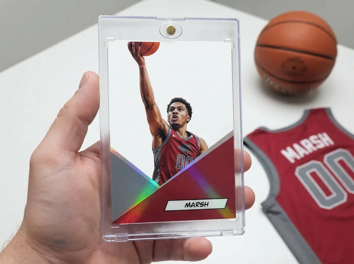 Custom sports trading card in clear magnetic case showing chrome diagonal frame design.