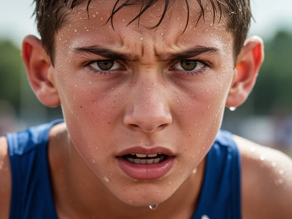 Athlete's focused expression showing determination during competitive sporting moment