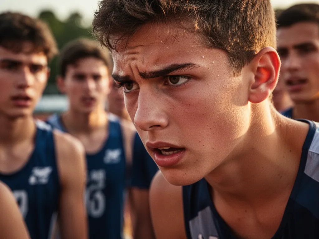 Young athlete's determined expression during competition with supportive teammates visible in soft-focused background