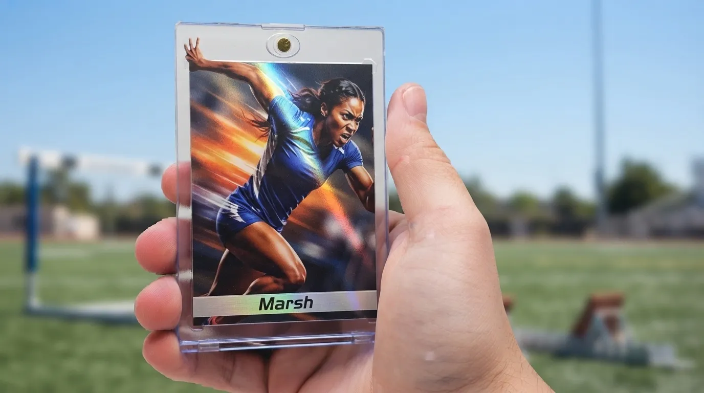 Hand holding trading cards website magnetic case with chrome sprinter card breaking past top edge.