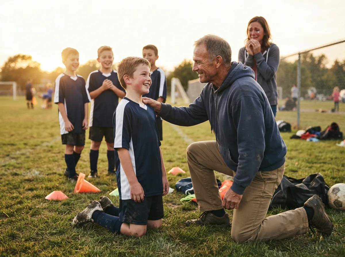Coach and young athlete share a proud emotional moment on a sunny sports field.