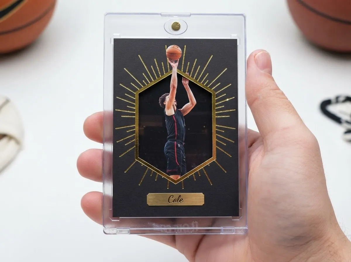 Custom sports trading card with gold foil burst design displayed in magnetic case on table.
