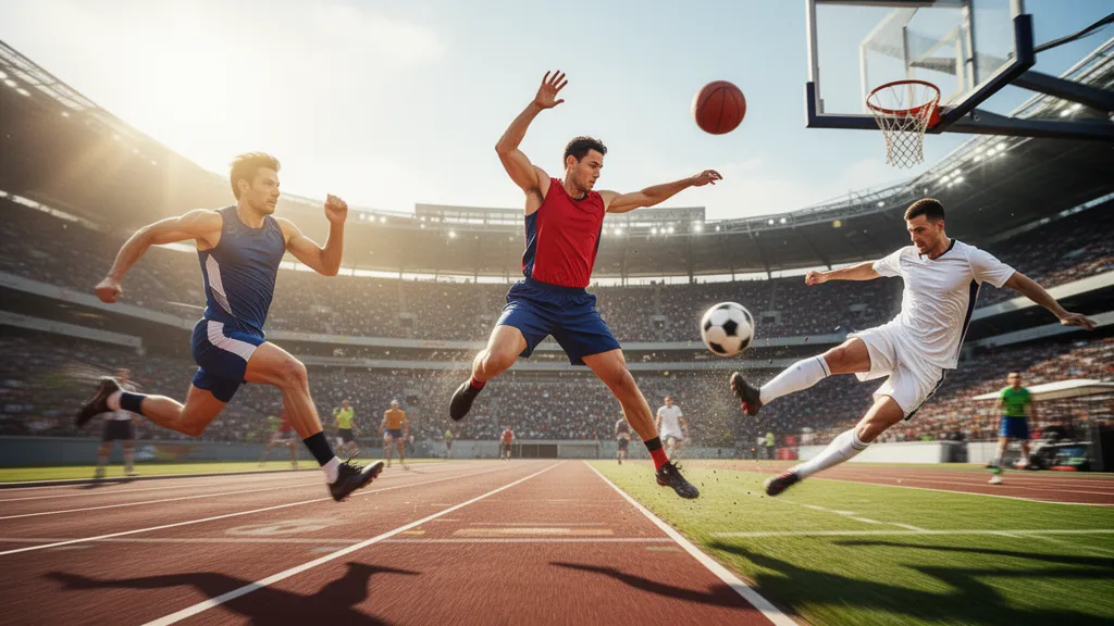 Athletes from different sports competing in action, captured mid-motion under natural daylight