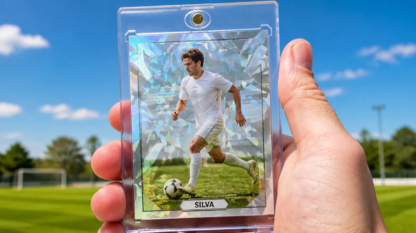 Custom holographic soccer trading card in a one-touch magnetic display case