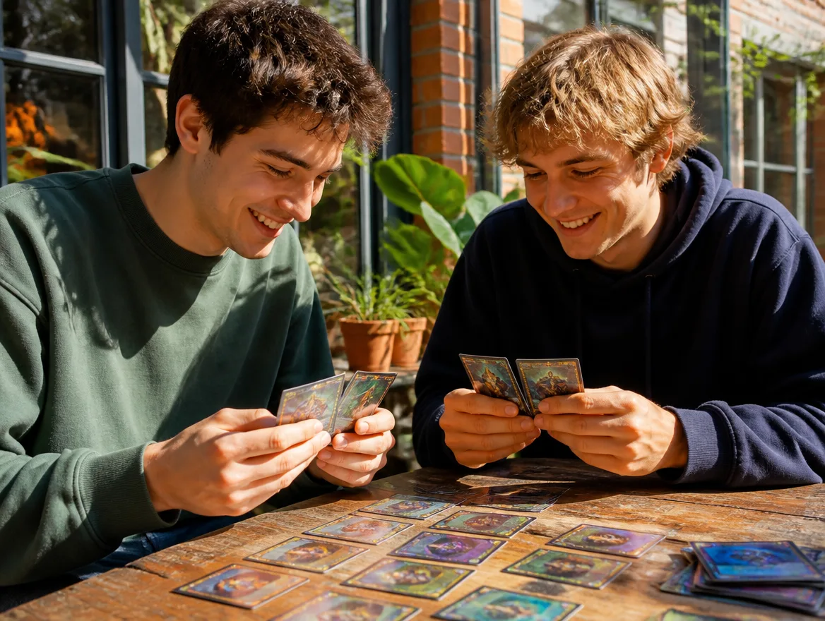Friends looking at custom holographic trading cards together at a table