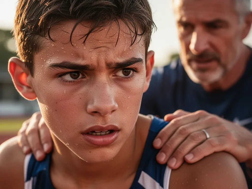 Young athlete's concentrated expression during competition with supportive coach nearby