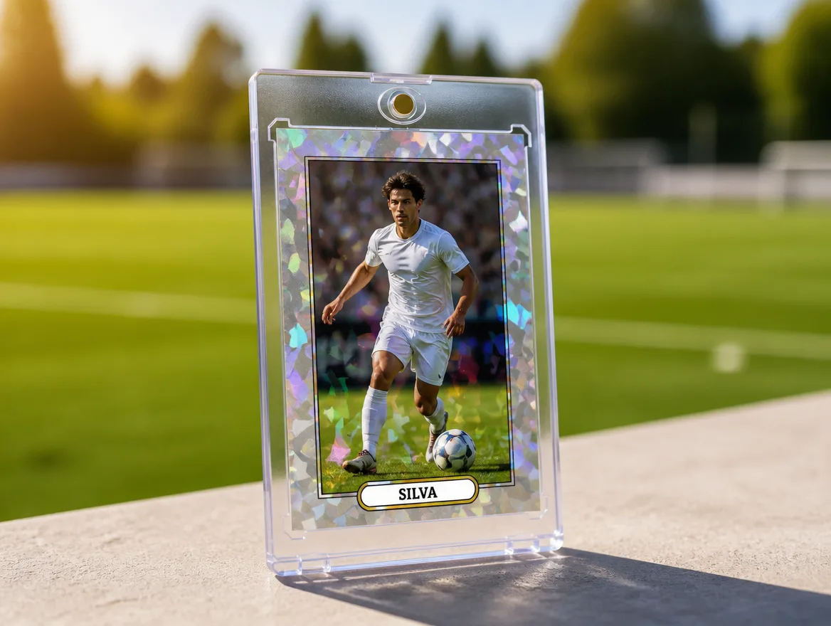 Custom trading card displayed upright in a premium magnetic case