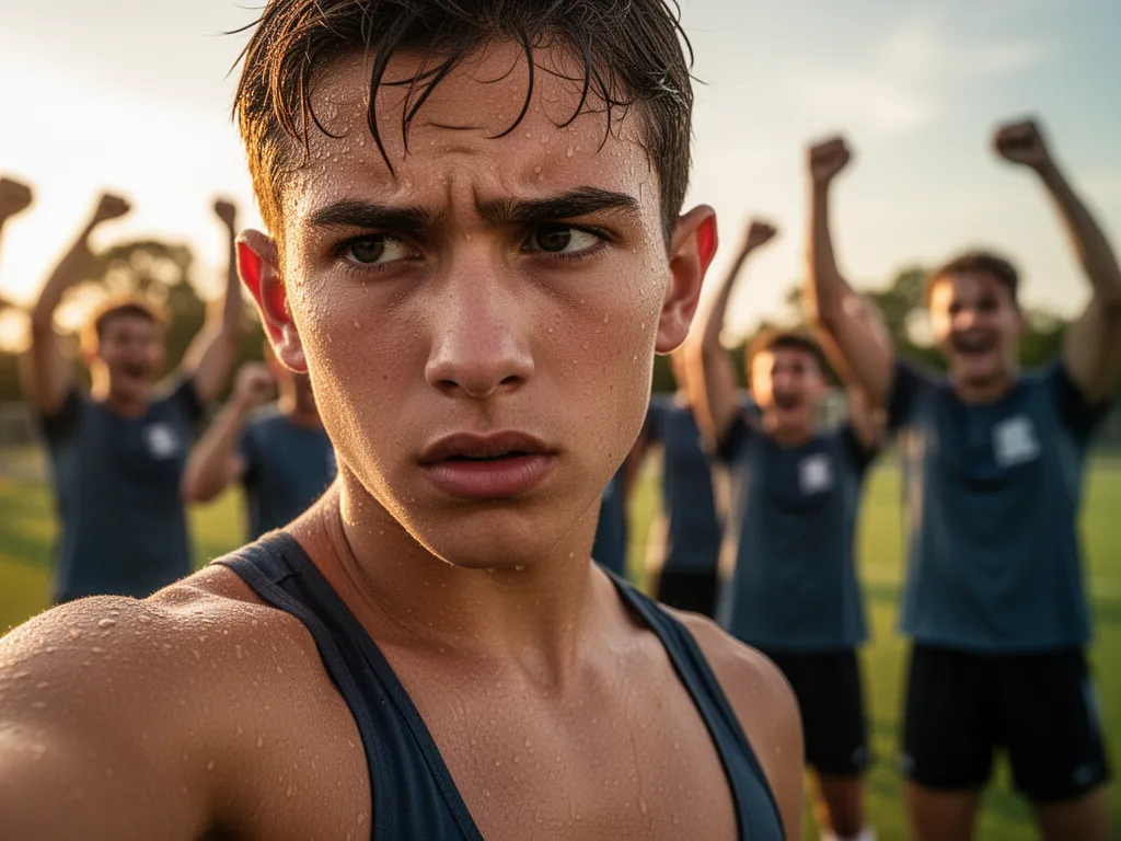 Close-up of determined athlete's face during training with supportive teammates celebrating in background