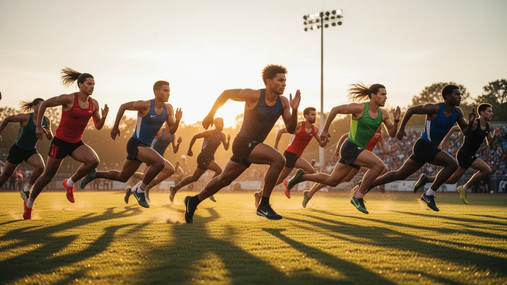 Multiple athletes competing outdoors in dynamic motion during golden hour lighting