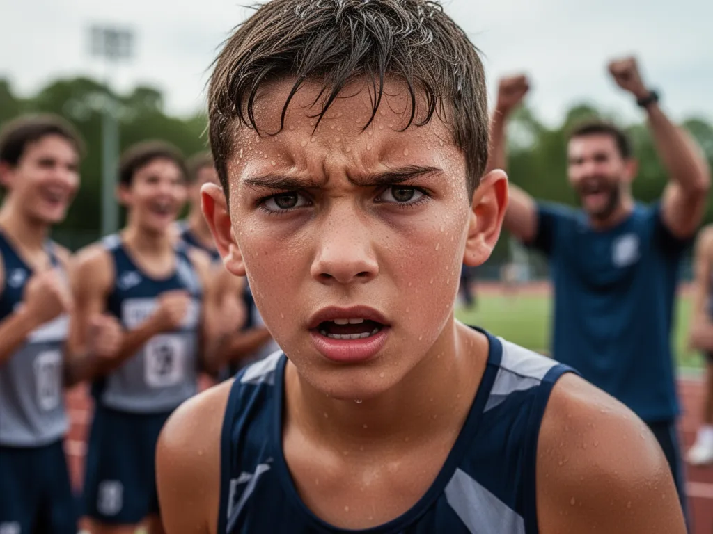 Young athlete's focused face during competition with blurred celebrating teammates supporting in background