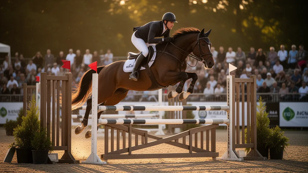 Equestrian athlete on horse jumping over high obstacle with dramatic lighting and blurred crowd