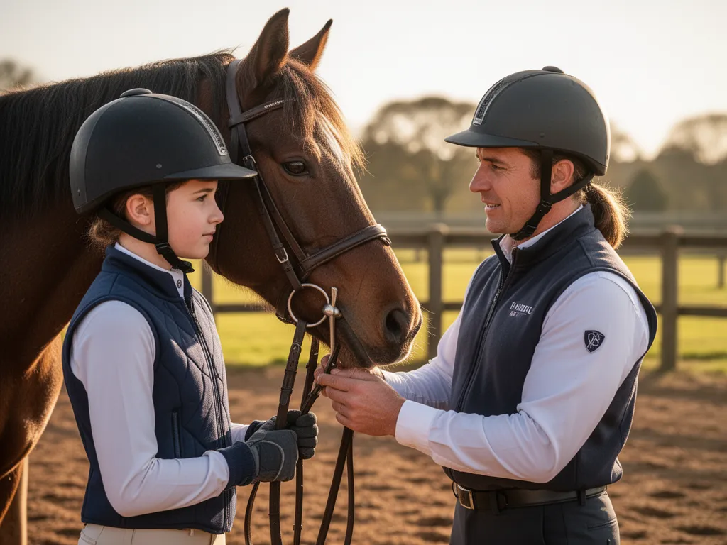 Coach guiding young rider with horse showing personalized instruction and athletic mentorship