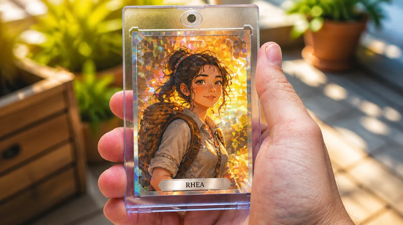 Custom trainer card made with a trainer card maker, shown in a magnetic display case