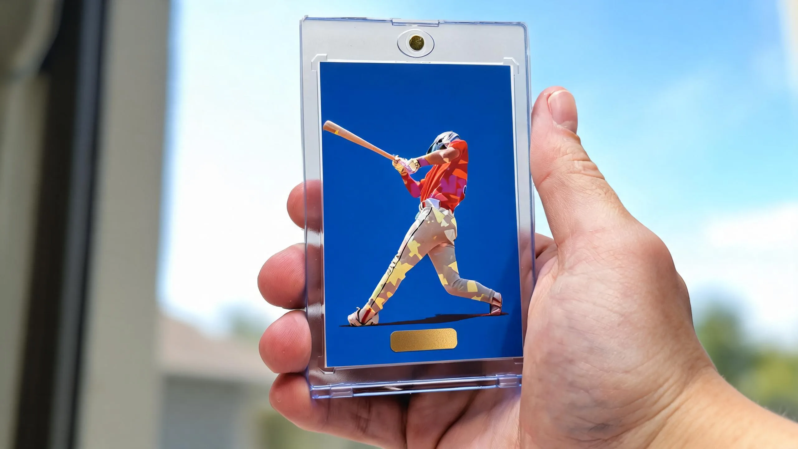Hand holding a trainer card maker magnetic case with a bold blue athlete card design.