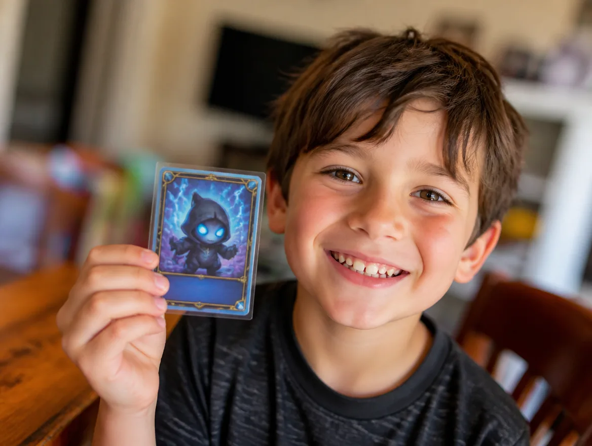 Happy kid holding a custom character trainer trading card