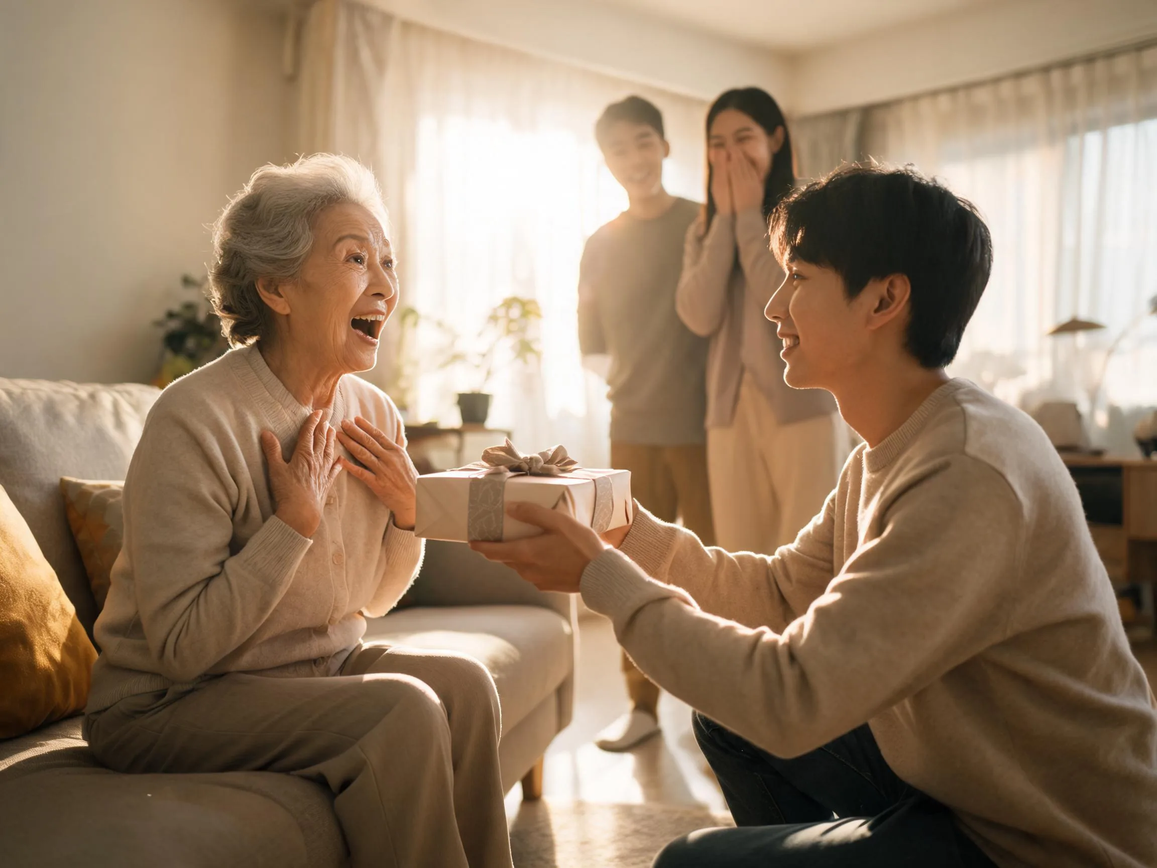 Older person reacting with joyful surprise to an unexpected gift from family.