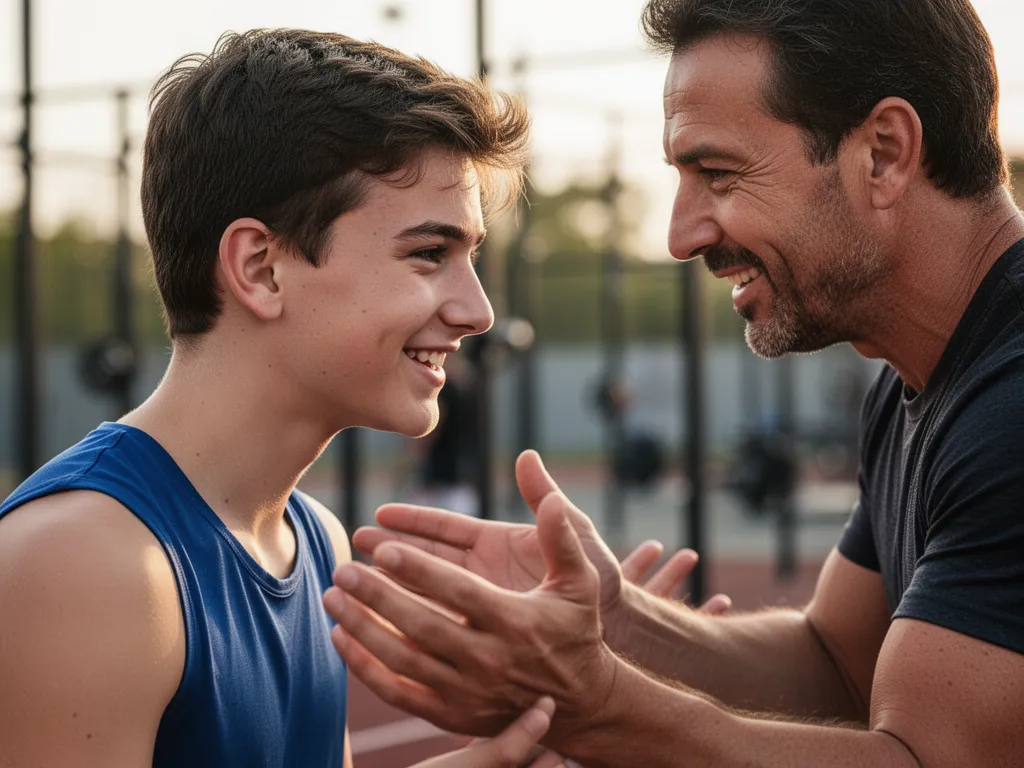 Young athlete receiving encouragement and mentorship from coach with genuine emotional connection moment
