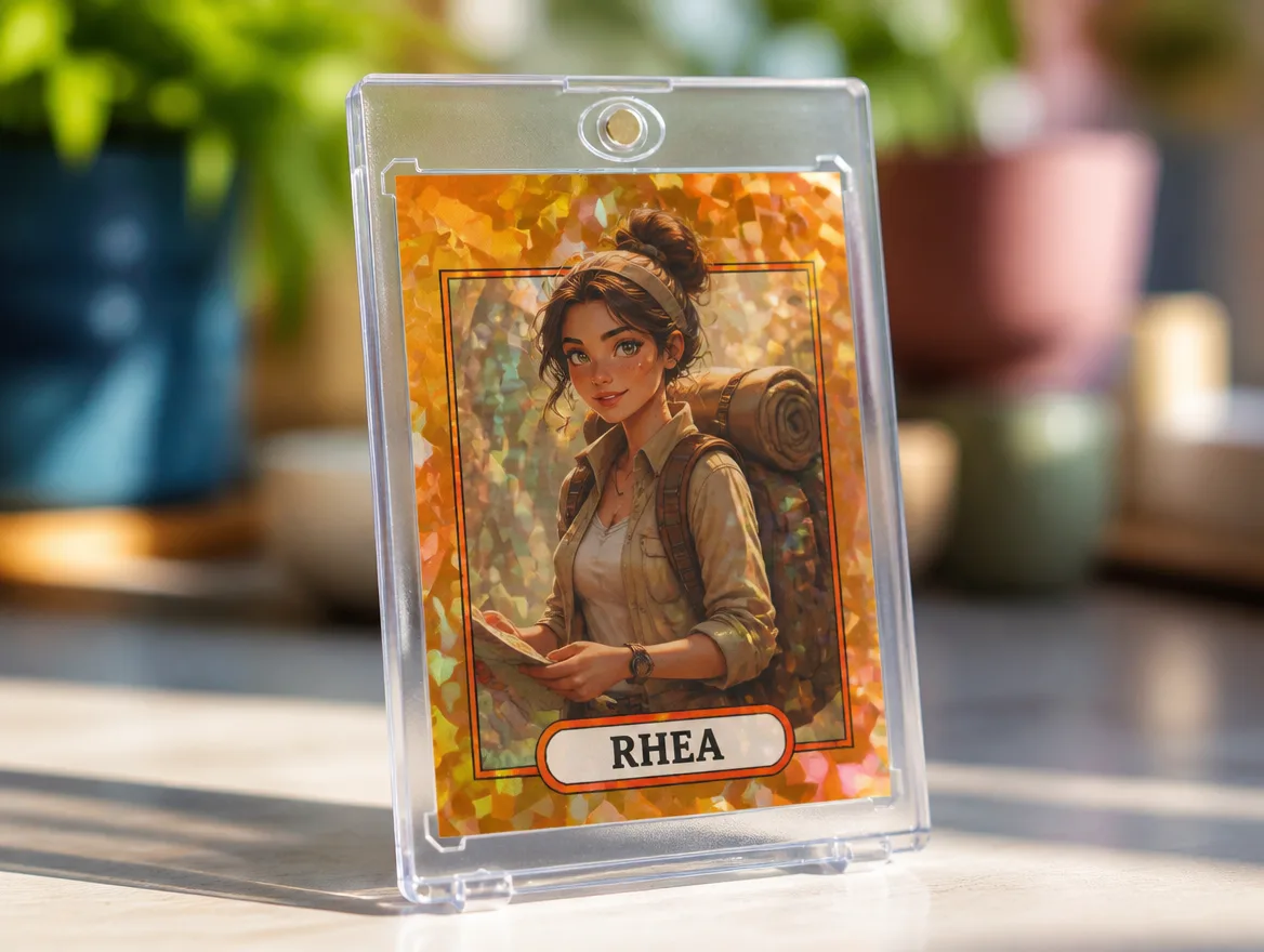 Custom character trainer card displayed upright in a premium magnetic case