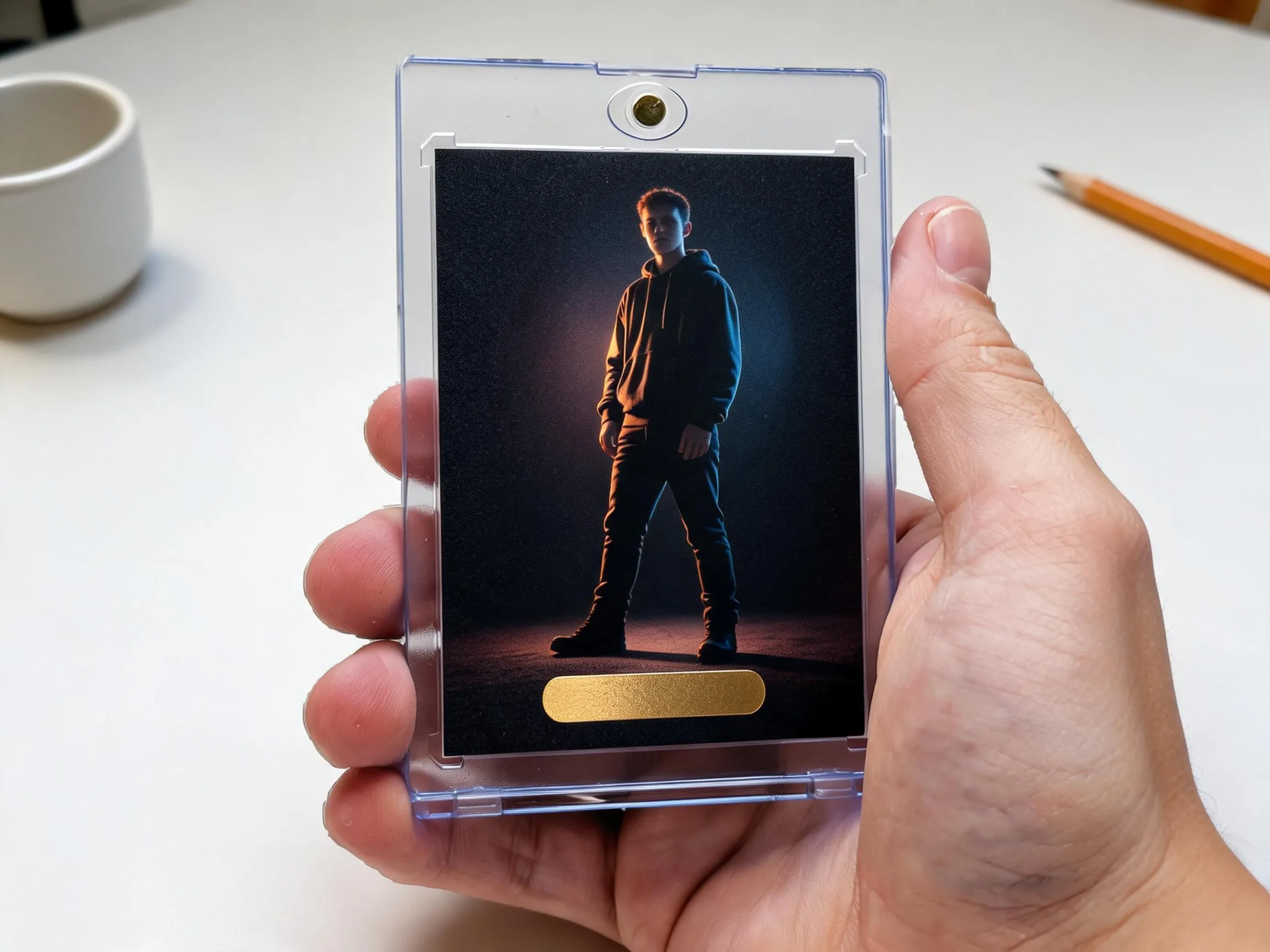 Custom keepsake trading card in a magnetic case, dark linen design on a white tabletop.