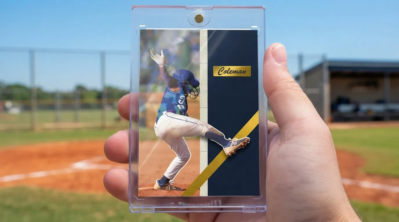 Hand holds magnetic case with travel baseball fundraiser ideas trading card on sunny diamond.