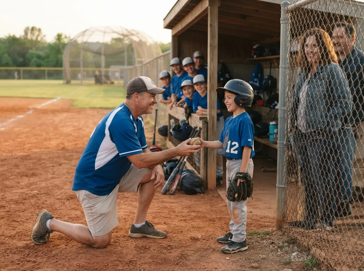 Coach shares a proud moment with young athlete near dugout as teammates watch.