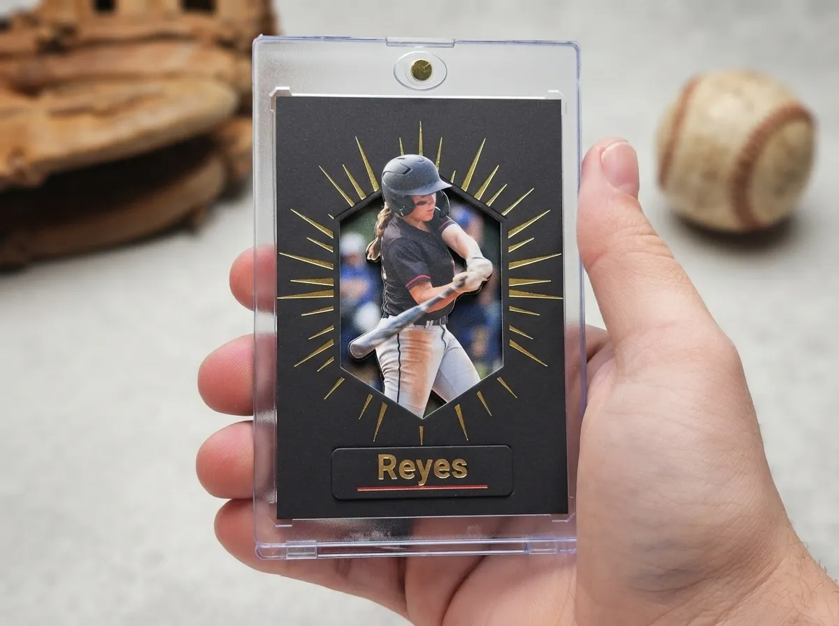 Custom baseball trading card in magnetic case with gold foil burst design on shelf.