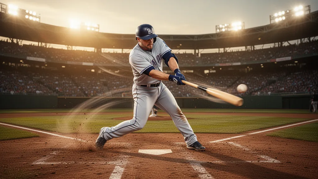Professional baseball player swinging bat during game with dynamic motion and stadium lighting